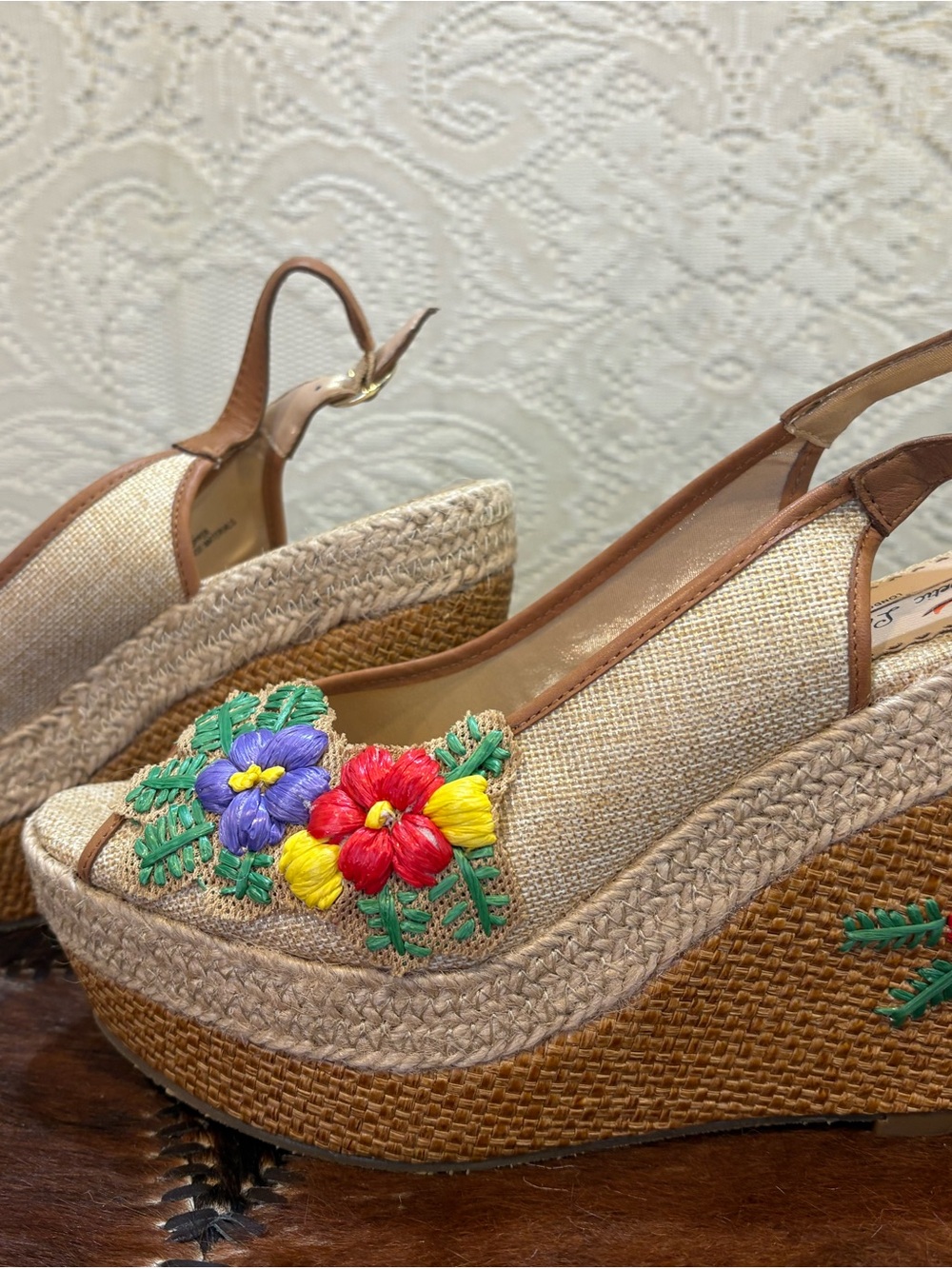 Woven Espadrille Wedge Sandals with Multicolor Floral Embroidery - Women - Picture 4 of 9